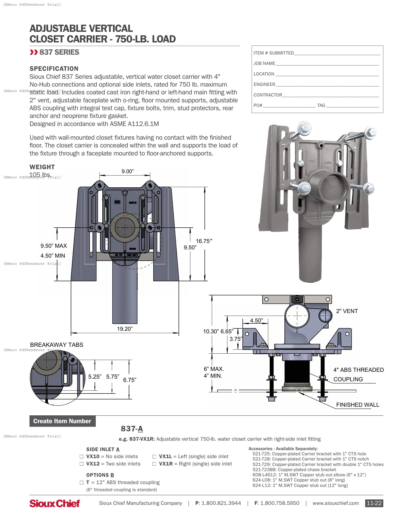 837-VX1 SERIES - CLOSET CARRIER - SPEC SHEET.PDF Specification Document